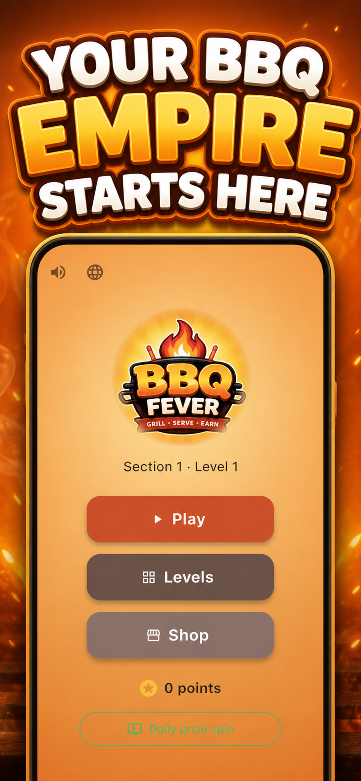 BBQ Fever home screen with Play, Levels, Shop, and daily prize spin options