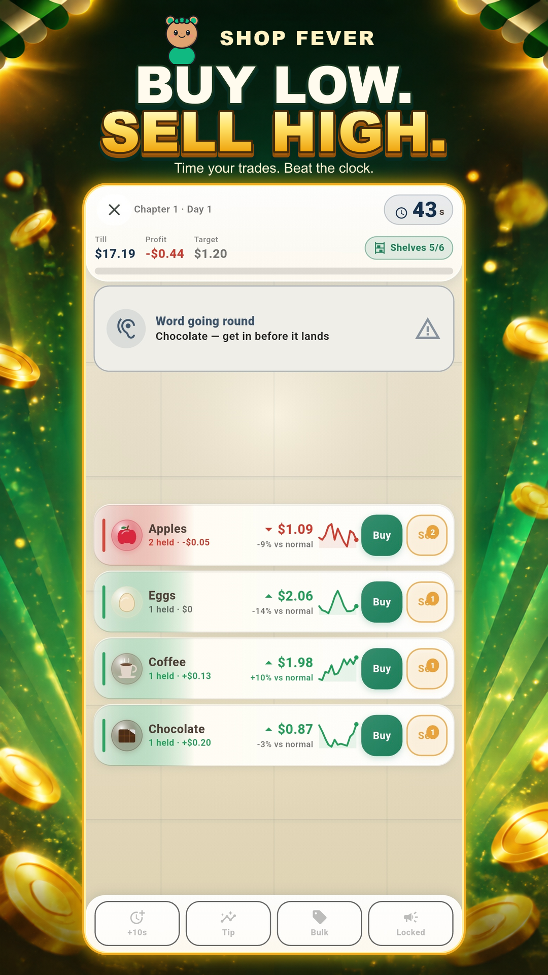 Shop Fever trading screen with changing product prices, buy and sell controls, and a countdown timer