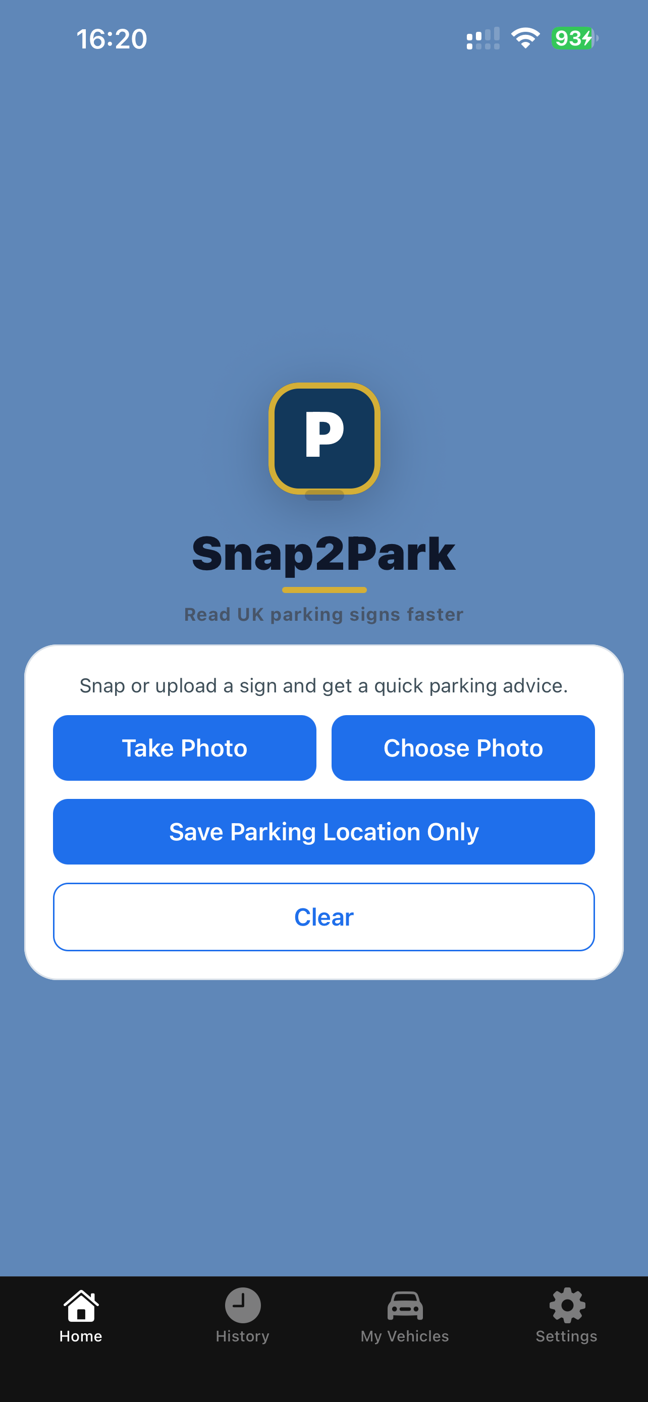 Snap2Park parking advice screen showing parking allowed status and payment details