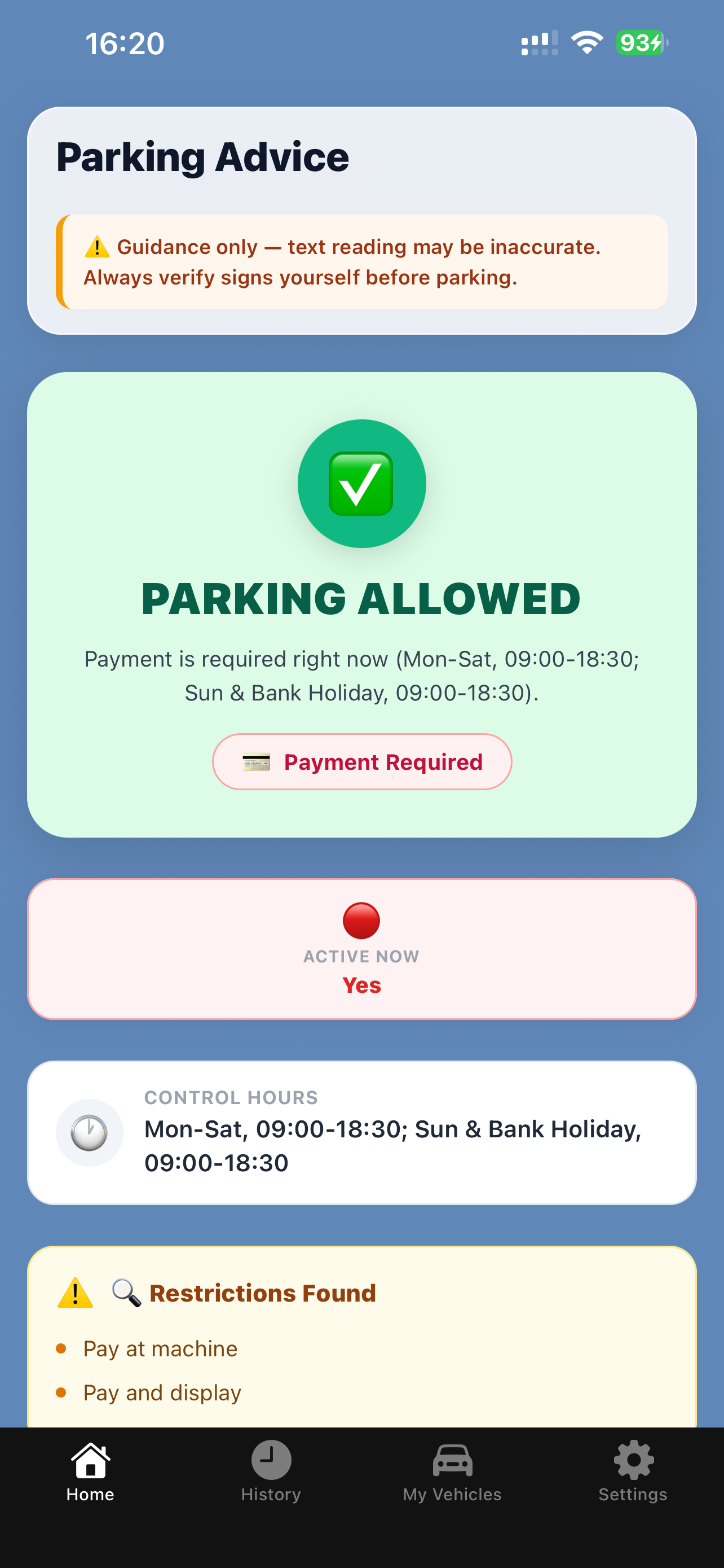 Snap2Park scanning interface showing a captured parking sign